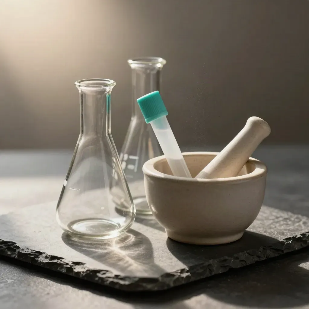 Macro still life of glass flasks, ceramic mortar, and sealed tube on graphite stone.