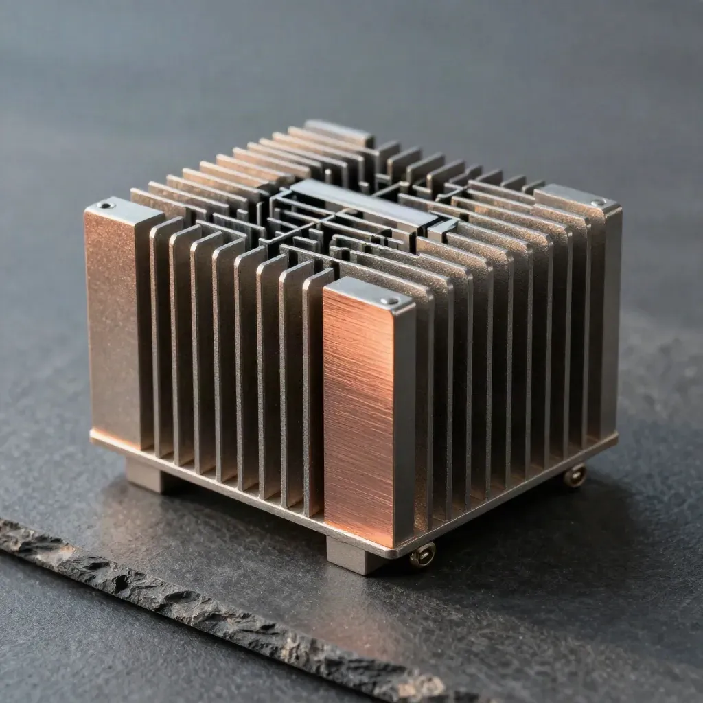 Macro of server heatsink fins, copper thermal pad, and network patch module on graphite stone.