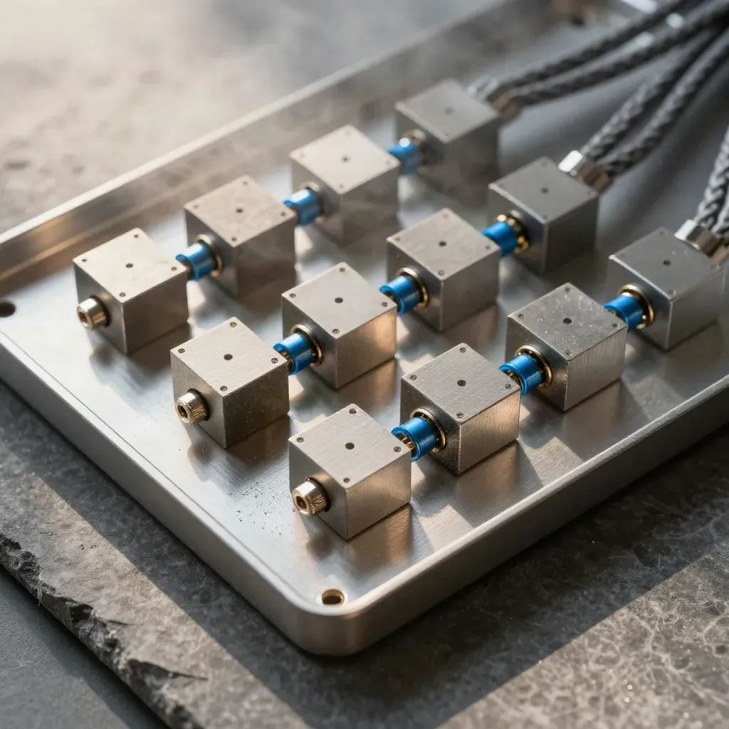 Overhead still life of fiber couplers, braided cable loops, and a brushed aluminum tray