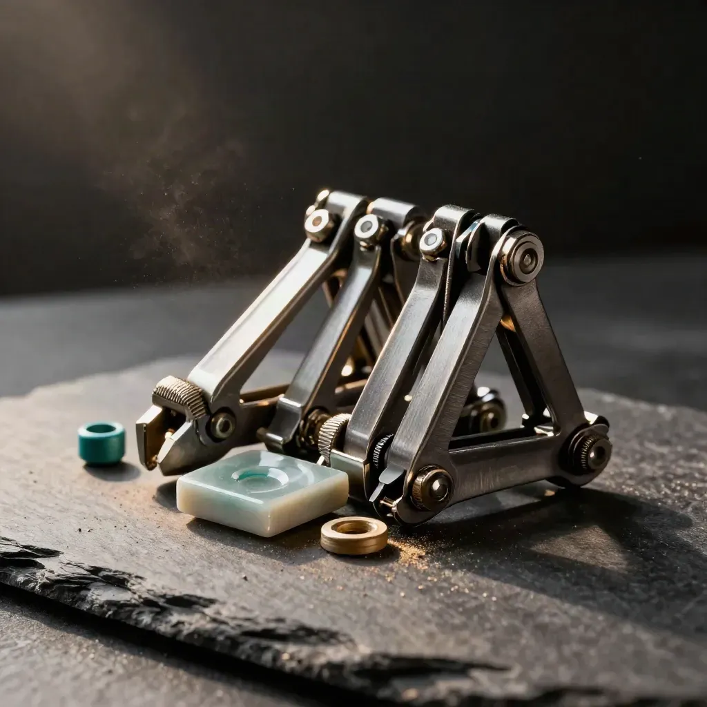 Solar mounting clamps, fasteners, and a ceramic insulator tile on dark slate, dramatic studio light