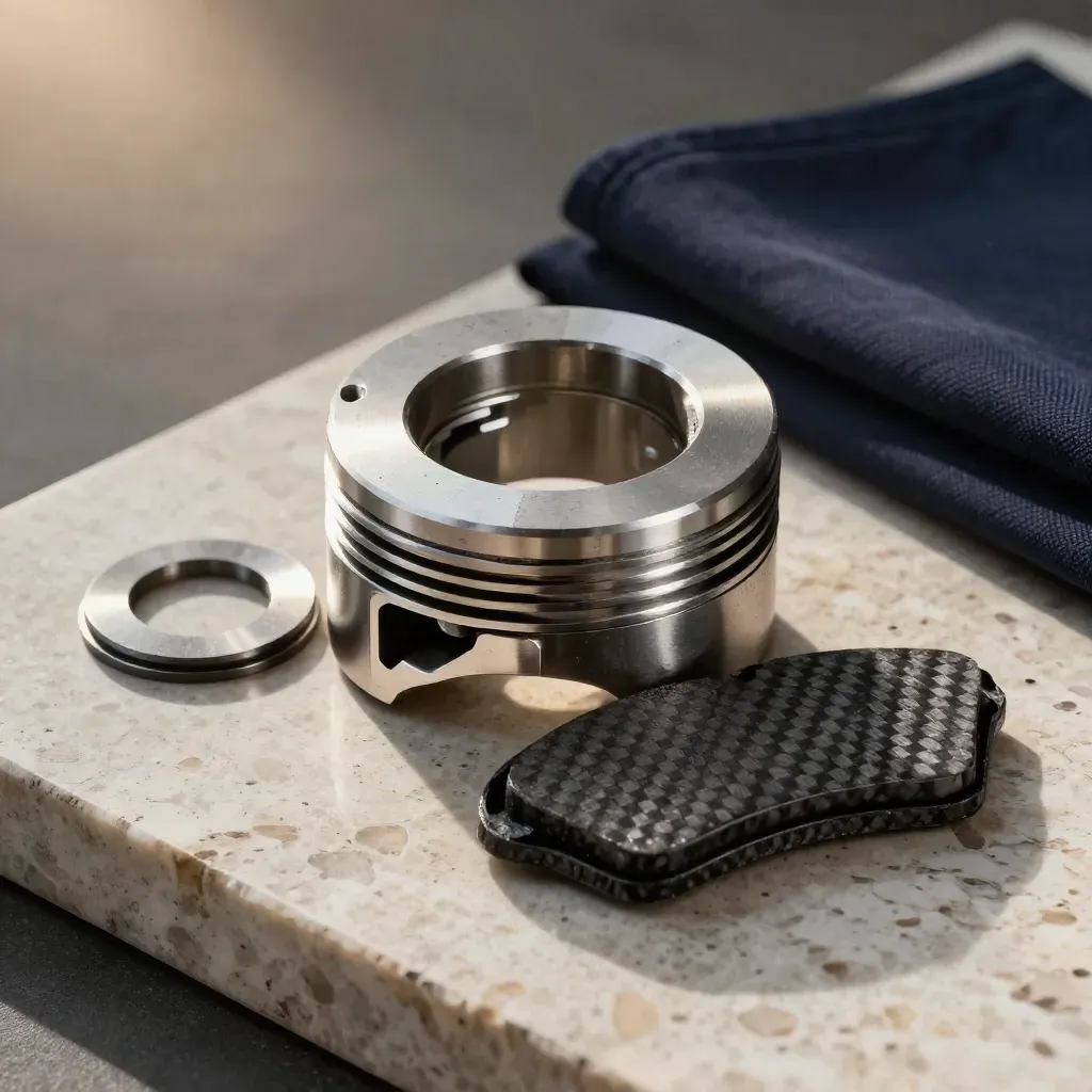 Macro still life of piston ring, brake shim, and carbon-fiber trim on travertine.