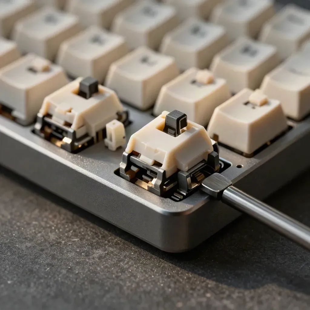 Macro of hot-swap keyboard switches in a metal plate beside a switch puller.