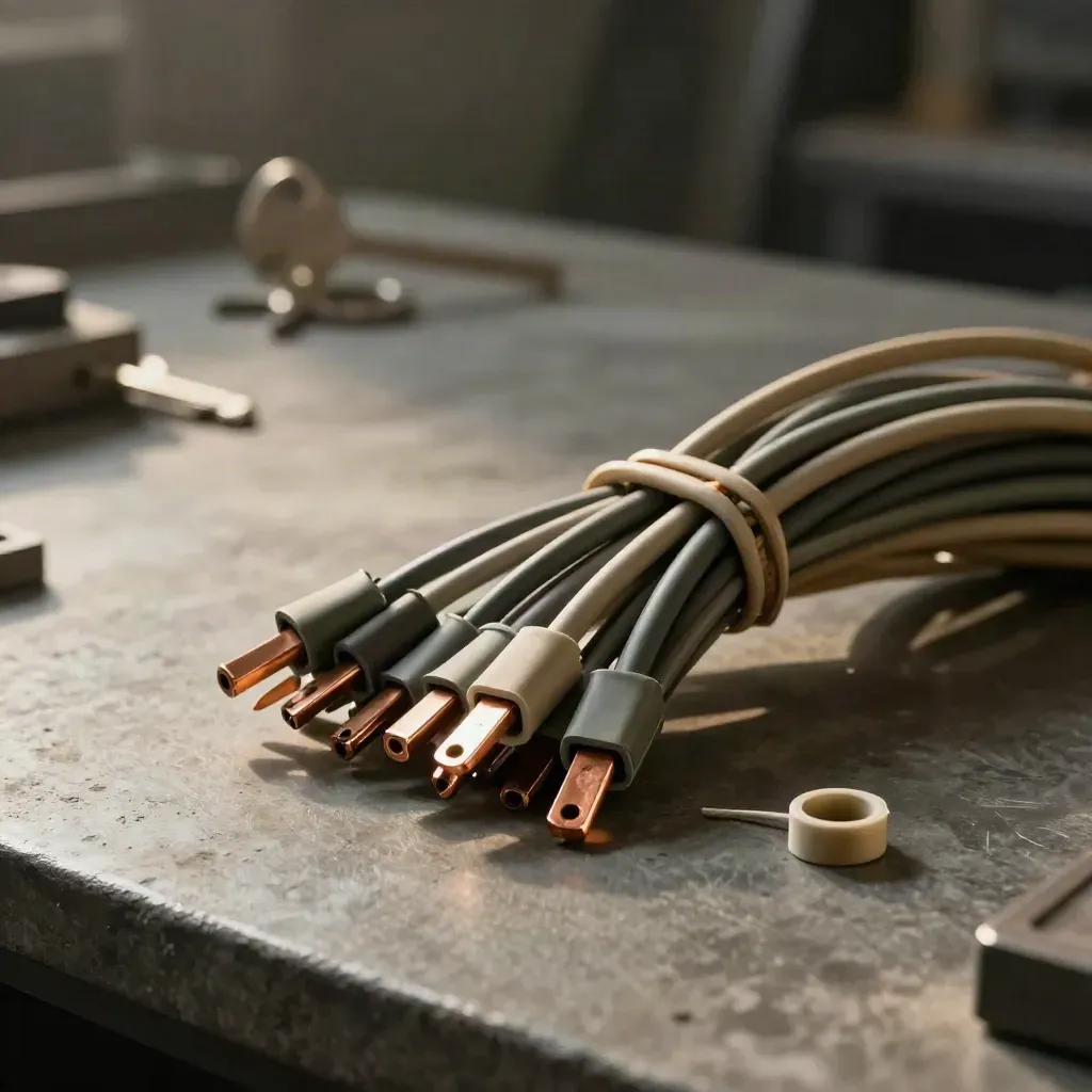 Braided cable harness bundles with matte clips on a graphite workbench, one strand freshly separated.
