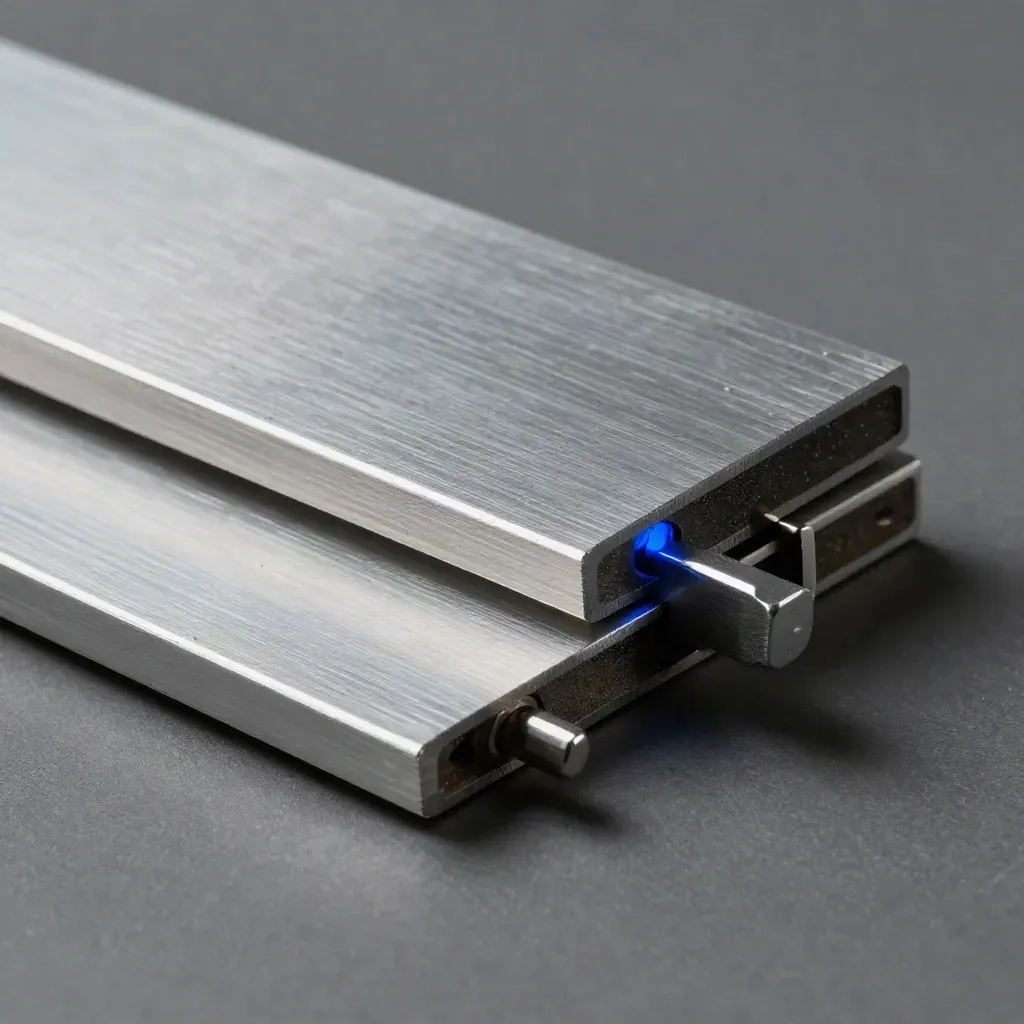 Aluminum prototype plates with a blue inspection dot and spring clamp in dramatic macro light.