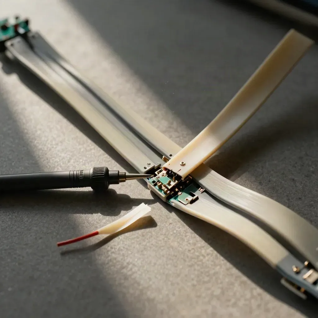 Overhead cable loom with broken pin and probe tip on stone, lit by soft upper-left daylight