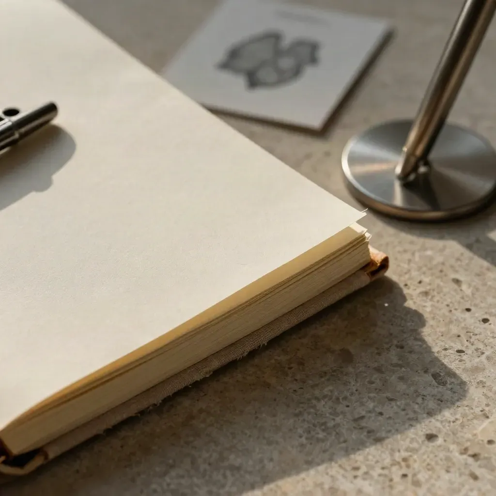 Macro top-down of a cloth notebook, tab dividers and metal pen stand on stone.