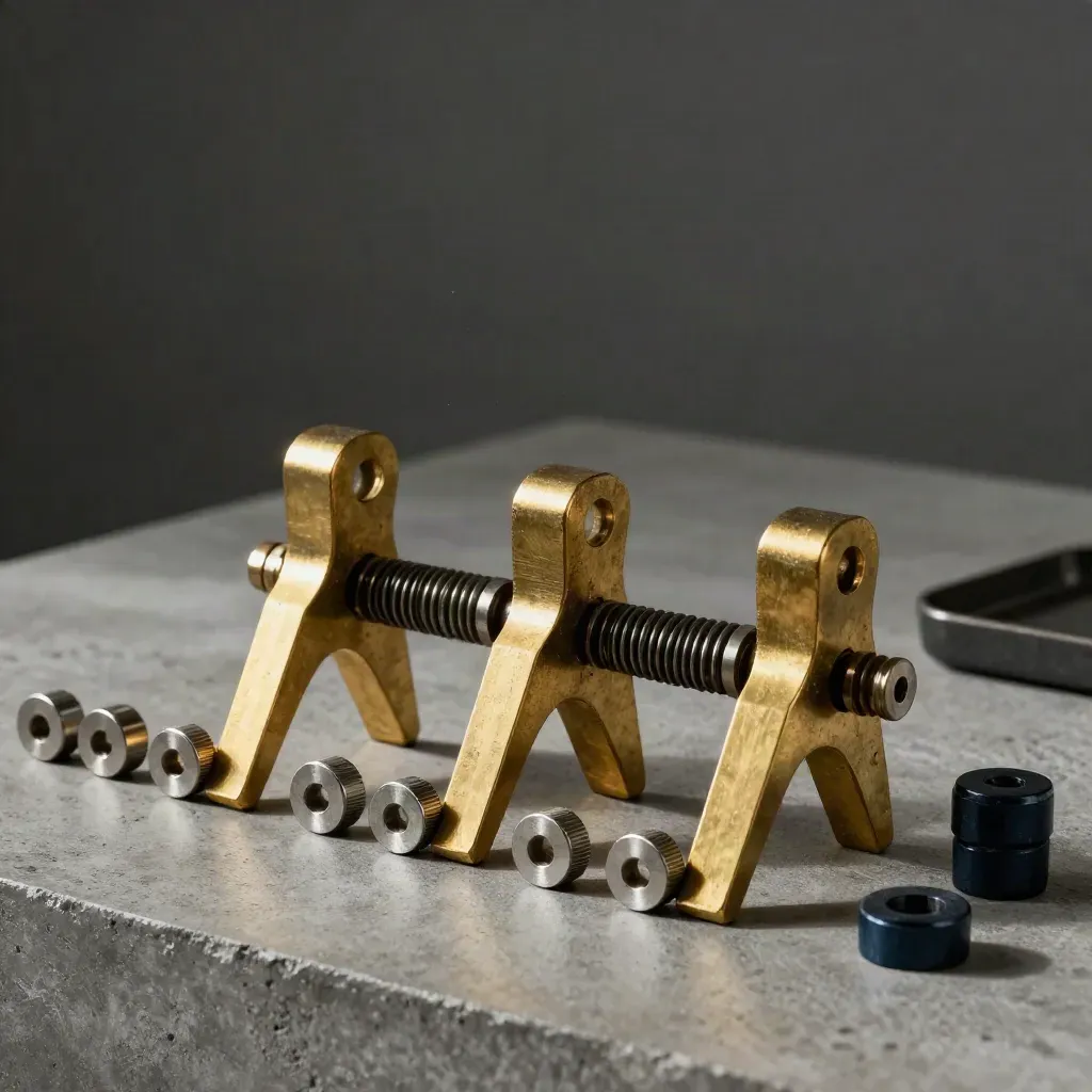 Brass jigs, clamp fixture, and spacers on concrete in dramatic studio light