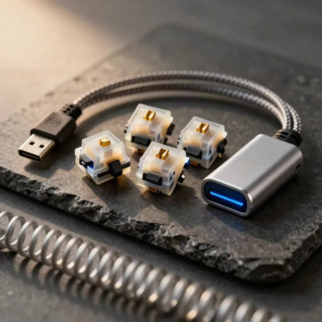 Braided cable coil framing hot-swap switches and a compact dock adapter on dark stone.