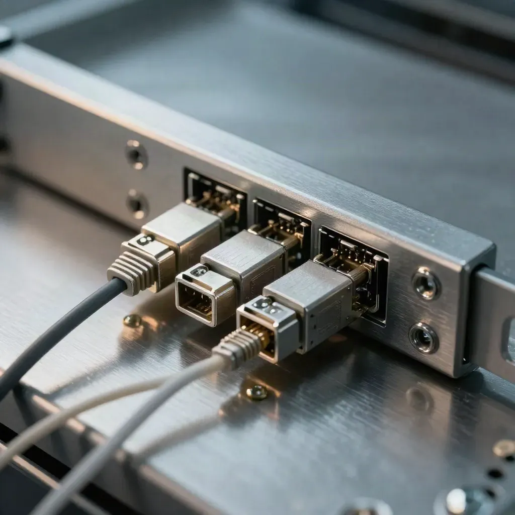 Macro of rack rails, aligned SFP modules, and a cable comb on brushed steel with cool haze