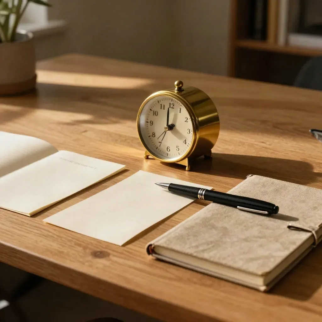 Clipped spec cards, brass timer, pen, and notebook on a warm oak planning table in dramatic light.