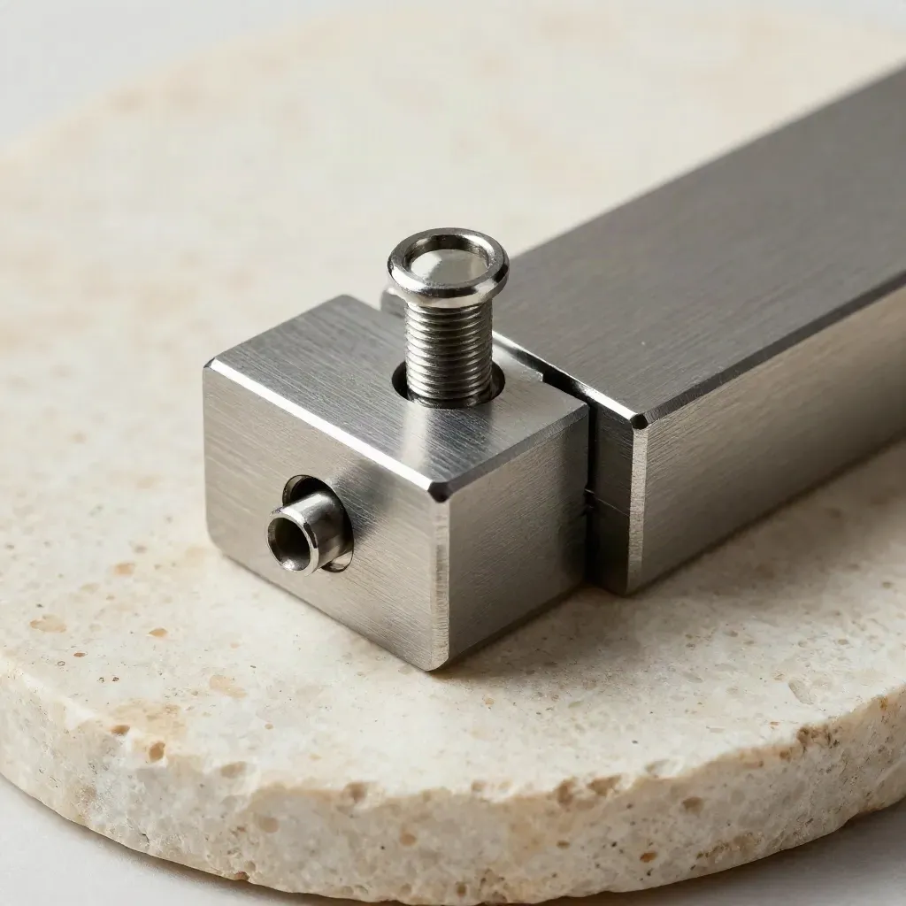 Macro of interlocking aluminum brackets, a pin and ring on pale stone, lit from upper left.