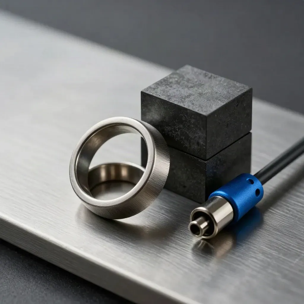 Brushed-metal rings, modular blocks and a cable connector on steel with a blue accent.