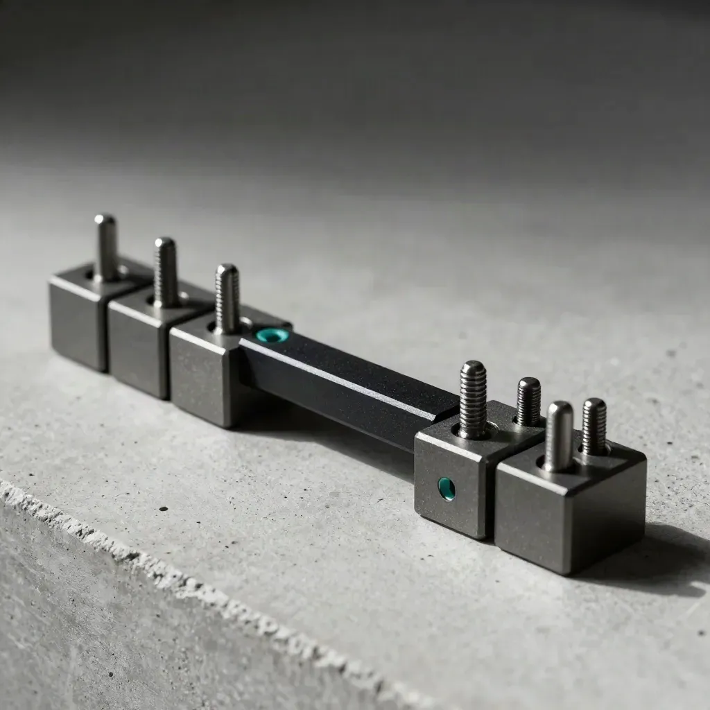 Matte connector blocks and a black bridge piece on pale concrete, lit from upper left.