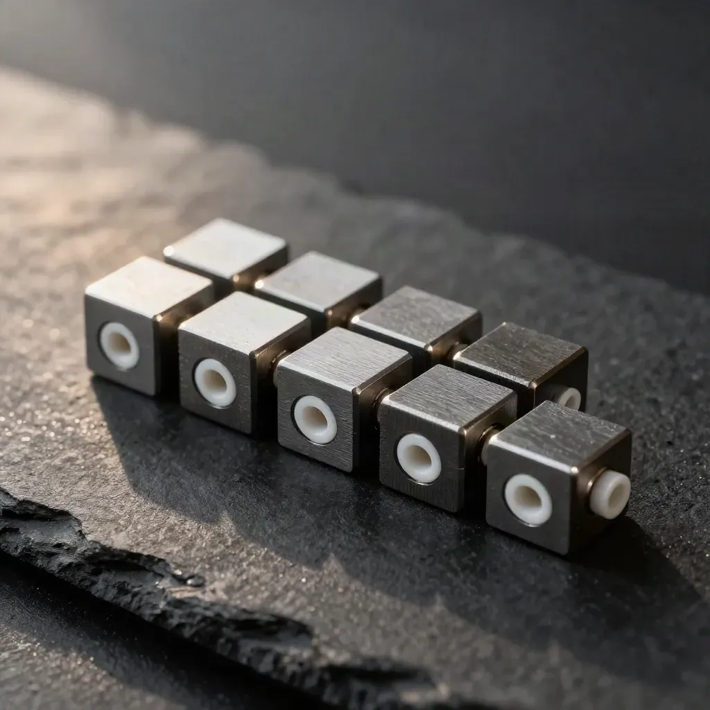 Macro dock connectors and modular cubes aligned on dark slate in premium studio light.
