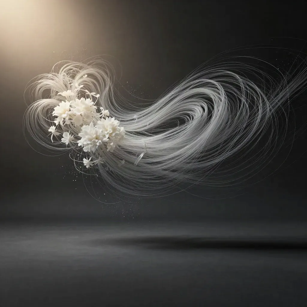 Silver light filaments converge into a soft white bloom in dark graphite haze.